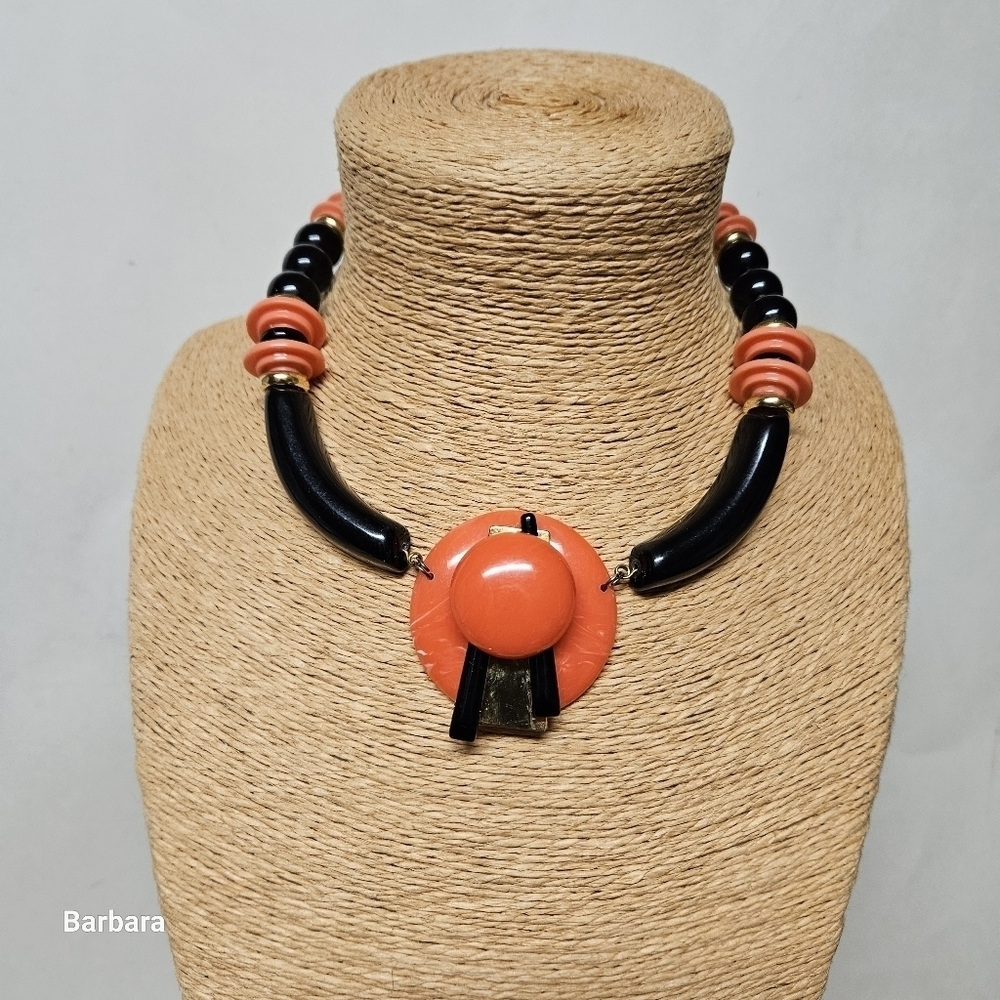 Vintage Tangerine Orange and Black Acrylic/Resin Necklace